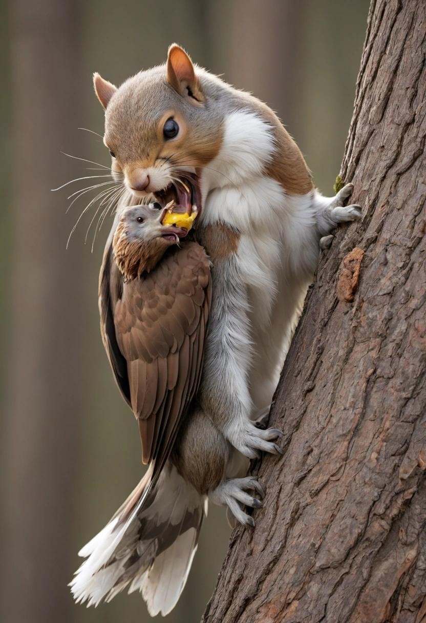 Image with seed 4235394589 generated via Stable Diffusion through @stablehorde@sigmoid.social. Prompt: a squirrel which is furiously devouring a bald eagle