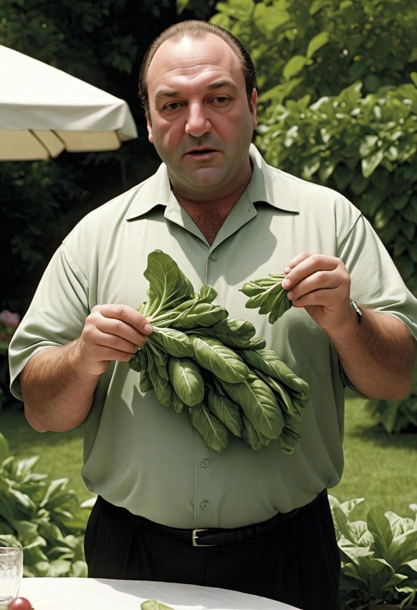 Image with seed 2441107296 generated via Stable Diffusion through @stablehorde@sigmoid.social. Prompt: tony soprano celebrating a bounty of leafy green peaness