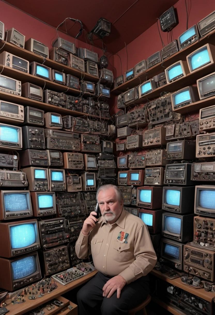 Image with seed 610801857 generated via Stable Diffusion through @stablehorde@sigmoid.social. Prompt: A Klingon shortware ham radio listener in front of a bunch of seemingly hacked together tube radios with some cathode ray displays.