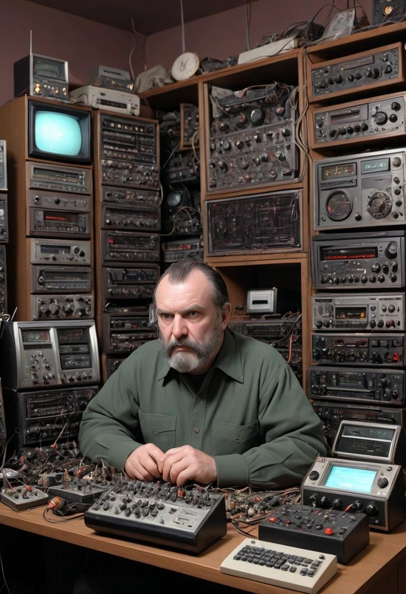 Image with seed 1626500904 generated via Stable Diffusion through @stablehorde@sigmoid.social. Prompt: A Klingon shortware ham radio listener in front of a bunch of seemingly hacked together tube radios with some cathode ray displays.