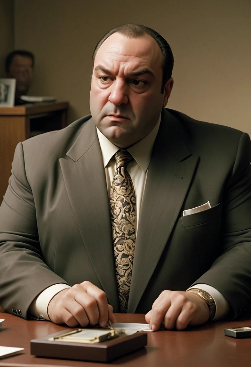 Image with seed 2386778958 generated via Stable Diffusion through @stablehorde@sigmoid.social. Prompt: tony soprano wielding absolute power without checks or balances