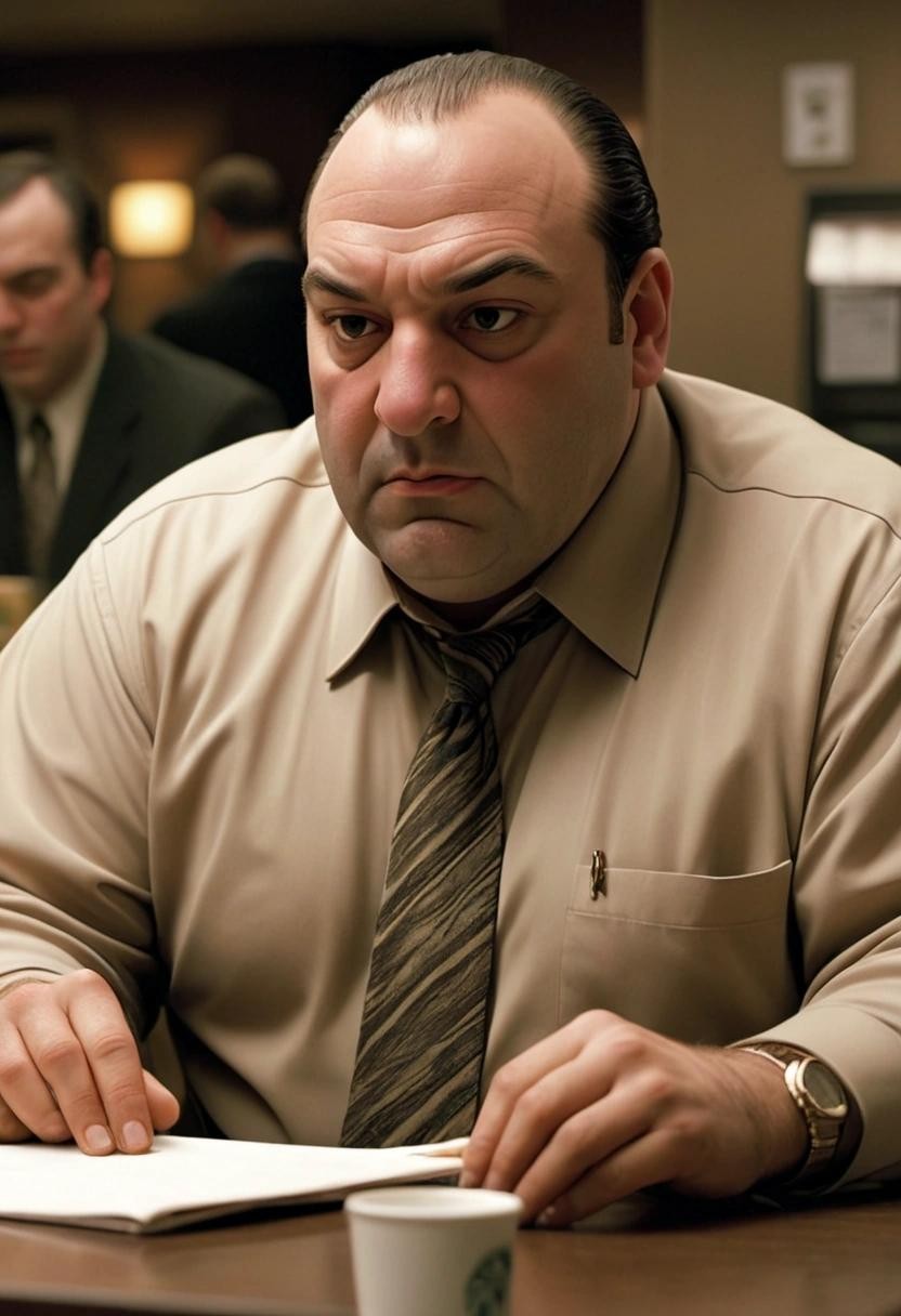 Image with seed 590145353 generated via Stable Diffusion through @stablehorde@sigmoid.social. Prompt: tony soprano getting fired from his job at starbucks