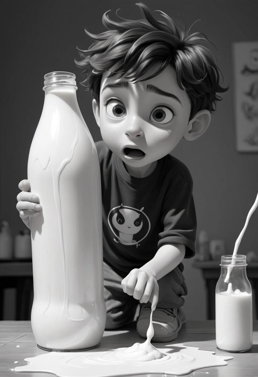 Image with seed 2659538609 generated via Stable Diffusion through @stablehorde@sigmoid.social. Prompt: a black and white sketch of a boy in the middle of the process of tansforming into a bottle of milk