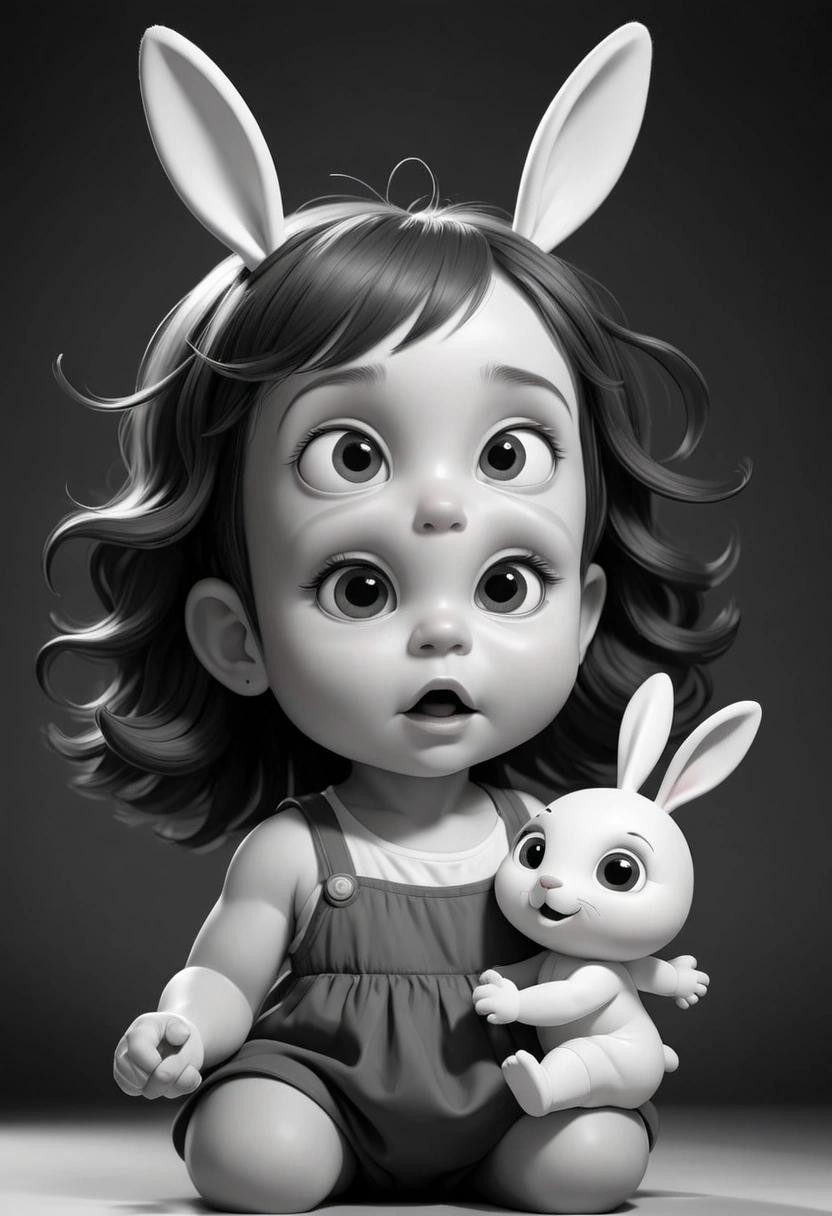 Image with seed 1871506916 generated via Stable Diffusion through @stablehorde@sigmoid.social. Prompt: a black and white drawing of a baby girl with rabbit ears transforming into a childrens toy