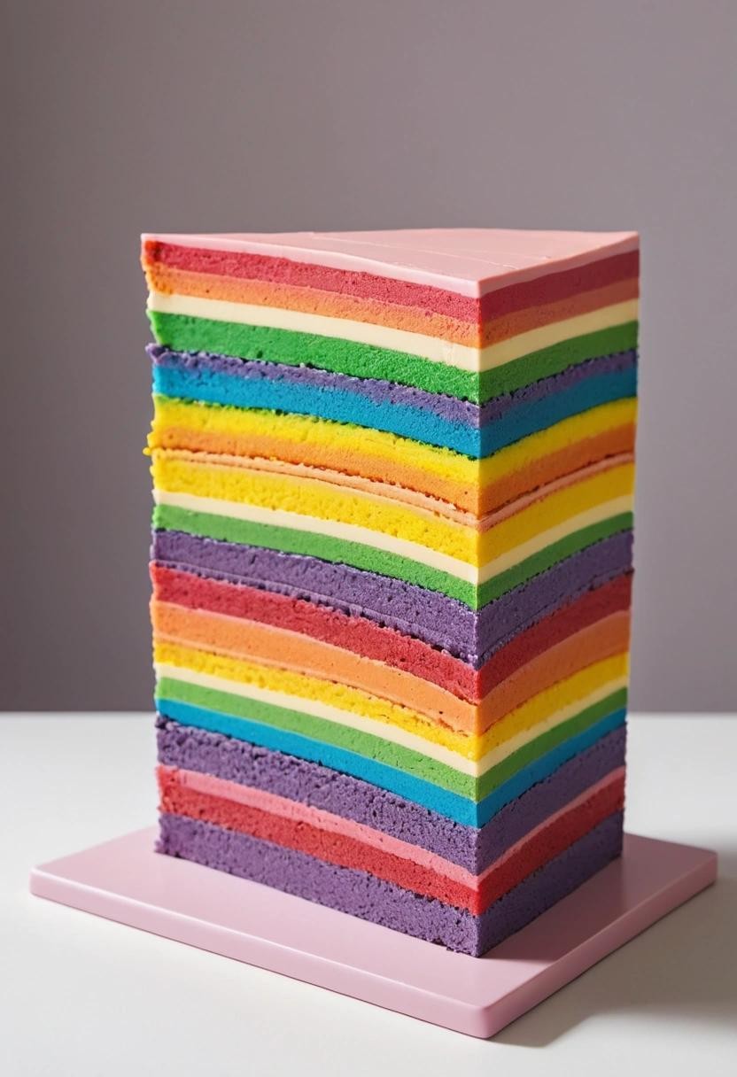 Image with seed 1828142331 generated via Stable Diffusion through @stablehorde@sigmoid.social. Prompt: a single slice of rainbow cake that has six layers.  Six shall be the number of layers thou shalt draw, and the number of layers shall be six.  Seven layers shalt thou not draw; neither draw thou five excepting that thou then proceed to draw the sixth.  Four is right out.