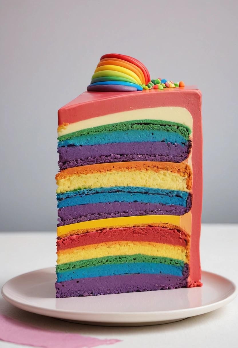 Image with seed 1828142331 generated via Stable Diffusion through @stablehorde@sigmoid.social. Prompt: a single slice of rainbow cake that has six layers.  Six shall be the number of layers thou shalt draw, and the number of layers shall be six.  Seven layers shalt thou not draw; neither draw thou five excepting that thou then proceed to draw the sixth.  Four is right out.