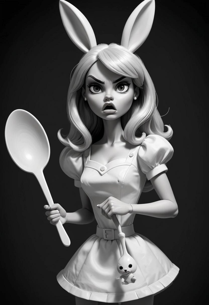 Image with seed 3624112988 generated via Stable Diffusion through @stablehorde@sigmoid.social. Prompt: a black and white sketch of a very angry barbie doll in a rabbit suite holding an big spoon in her hand