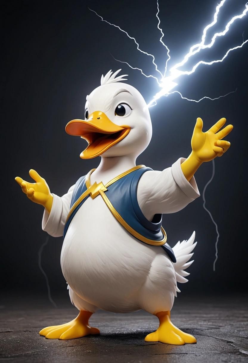Image with seed 1629739436 generated via Stable Diffusion through @stablehorde@sigmoid.social. Prompt: a duck dressed as zeus throwing a lightning bolt