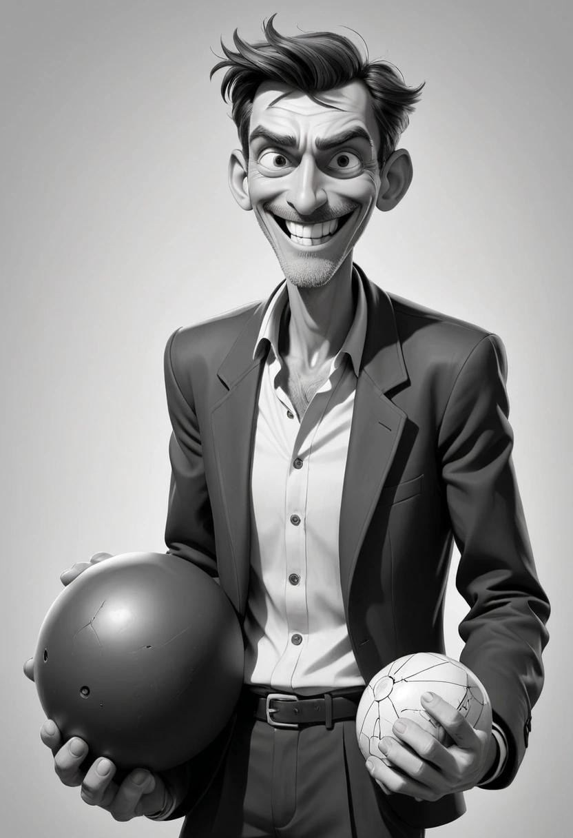 Image with seed 4293371928 generated via Stable Diffusion through @stablehorde@sigmoid.social. Prompt: a black and white hand drawing of a bold and skinny middle aged man with a bomb in his arms wearing a a sardonic smile on his face