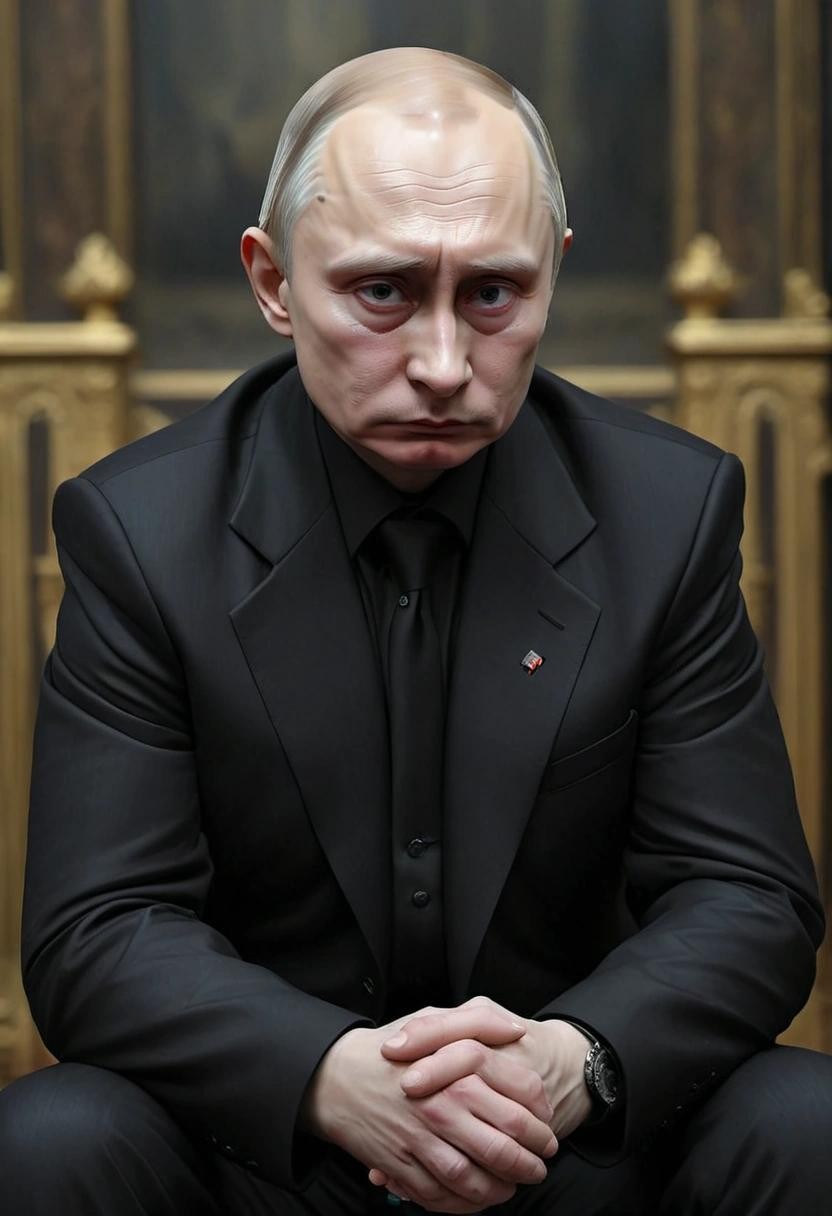 Image with seed 2668932781 generated via Stable Diffusion through @stablehorde@sigmoid.social. Prompt: a sad emo goth Vladimir Putin full of sadness all alone because nobody likes him and the whole world is so mean to him, waah waah