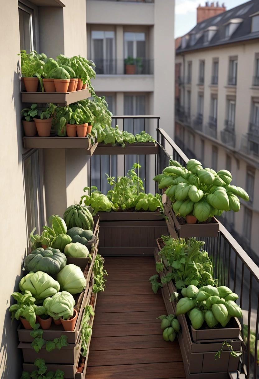 Image with seed 2714814327 generated via Stable Diffusion through @stablehorde@sigmoid.social. Prompt: a balcony vegetable garden. Realistic.