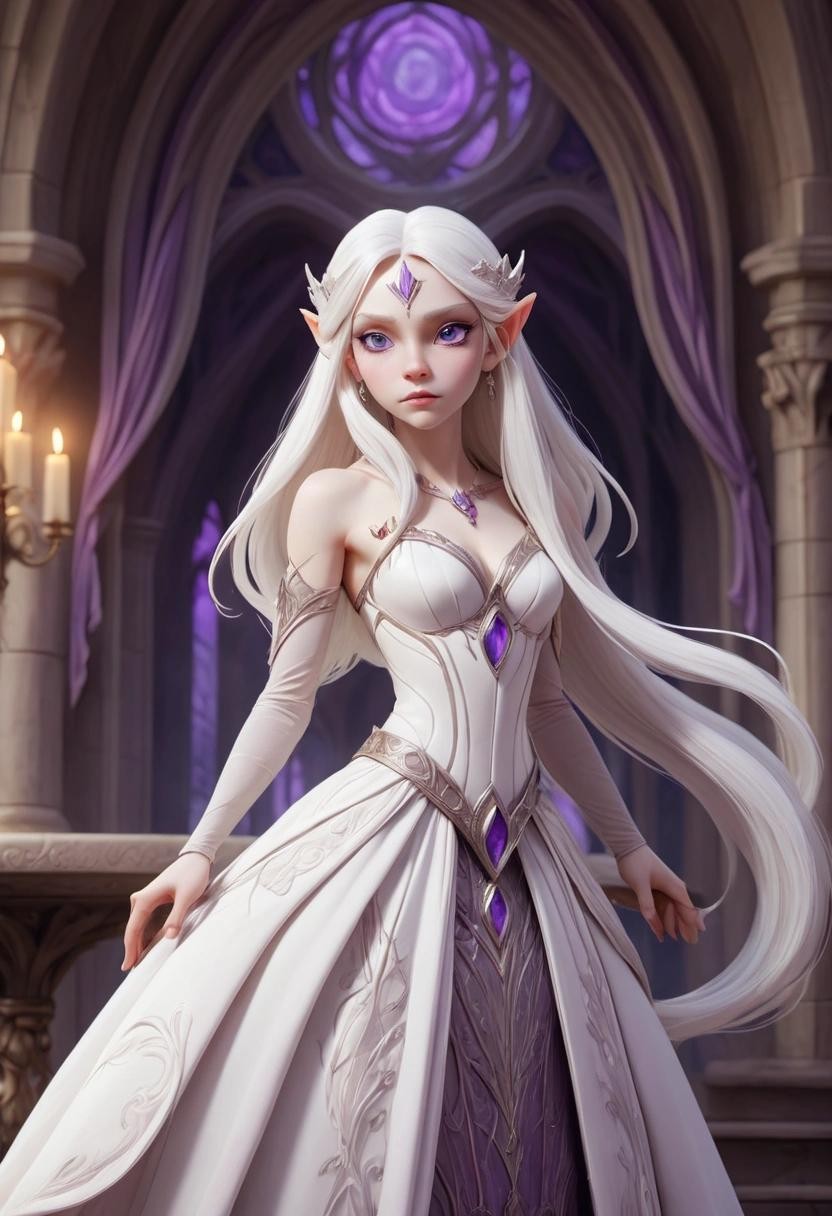 Image with seed 1223858228 generated via Stable Diffusion through @stablehorde@sigmoid.social. Prompt: albino Elf princess, white skin, long white hair, purple eyes, amethyst jewelry, ball dress, High Elven Palace Ballroom background, fantasy, beautiful, lovely, romantic, kitsch