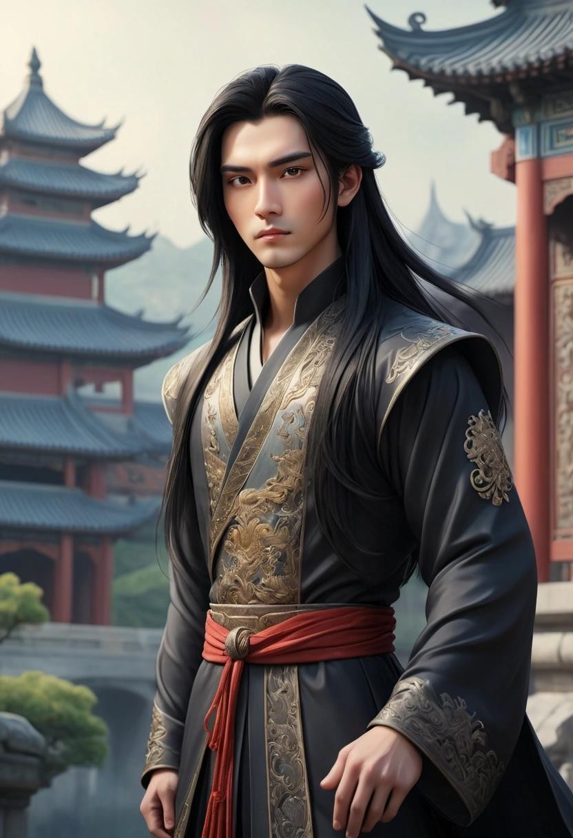 Image with seed 205573436 generated via Stable Diffusion through @stablehorde@sigmoid.social. Prompt: Chinese fantasy prince, handsome young man, long black hair, Chinese fairytale palace background