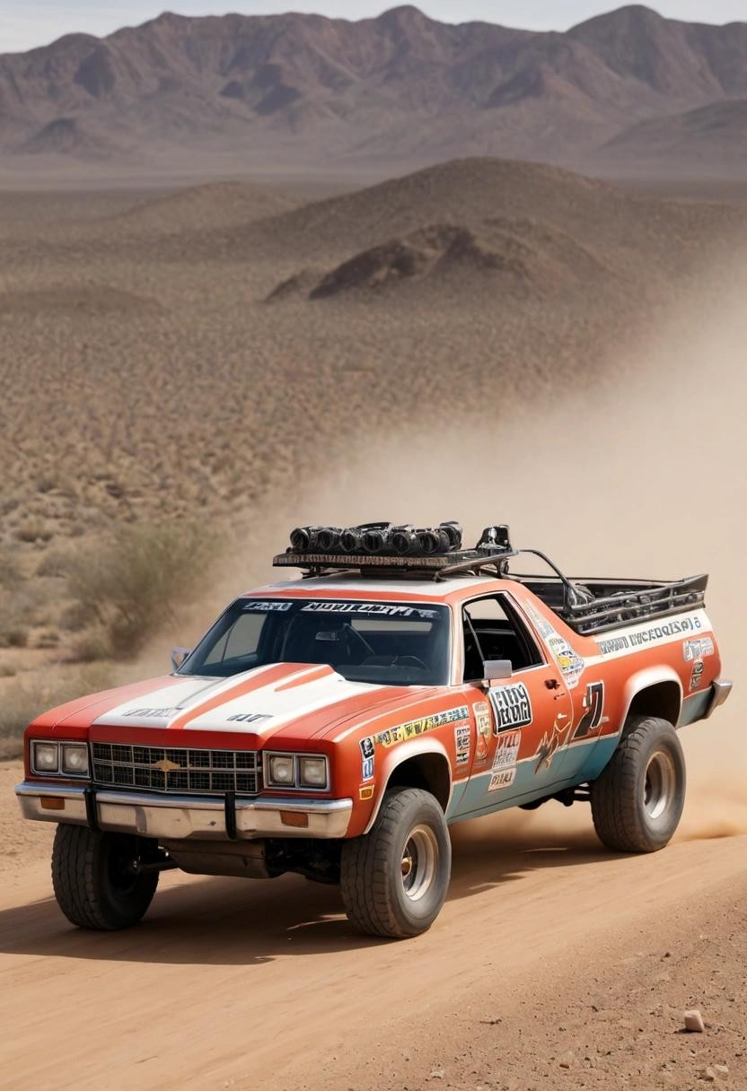 Image with seed 2542812470 generated via Stable Diffusion through @stablehorde@sigmoid.social. Prompt: a picture of a Chevrolet El Camino converted to an off-road rally car.