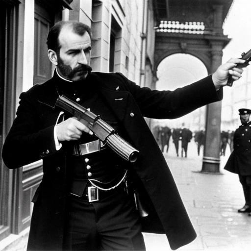 Image with seed 1500112871 generated via Stable Diffusion through @stablehorde@sigmoid.social. Prompt: a cyberpunk Gaetano Bresci killing Umberto I with a gun. 