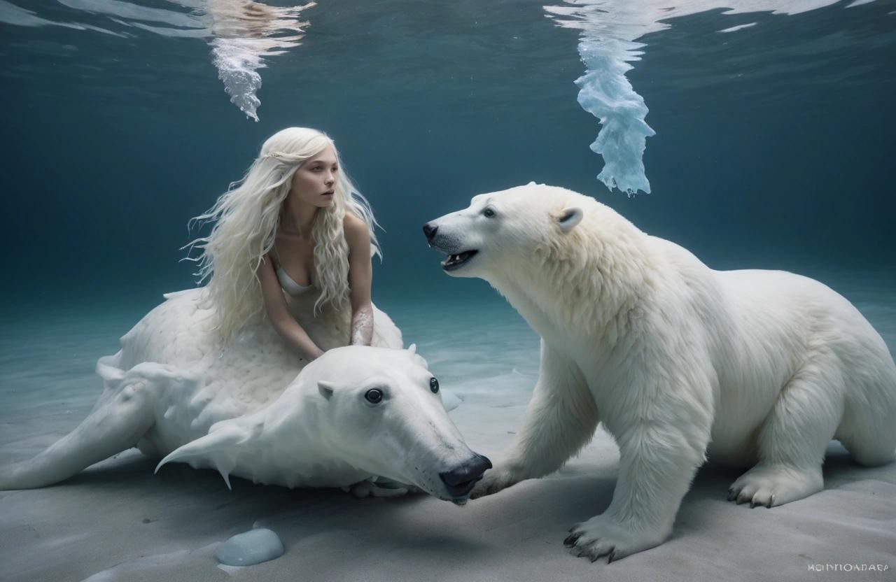 Image with seed 2759569897 generated via Stable Diffusion through @stablehorde@sigmoid.social. Prompt: a hybrid of a mermaid and a polar bear, wildlife photography, photograph, high quality, wildlife, f 1.8, soft focus, 8k, national geographic, award-winning photograph by nick nichols###