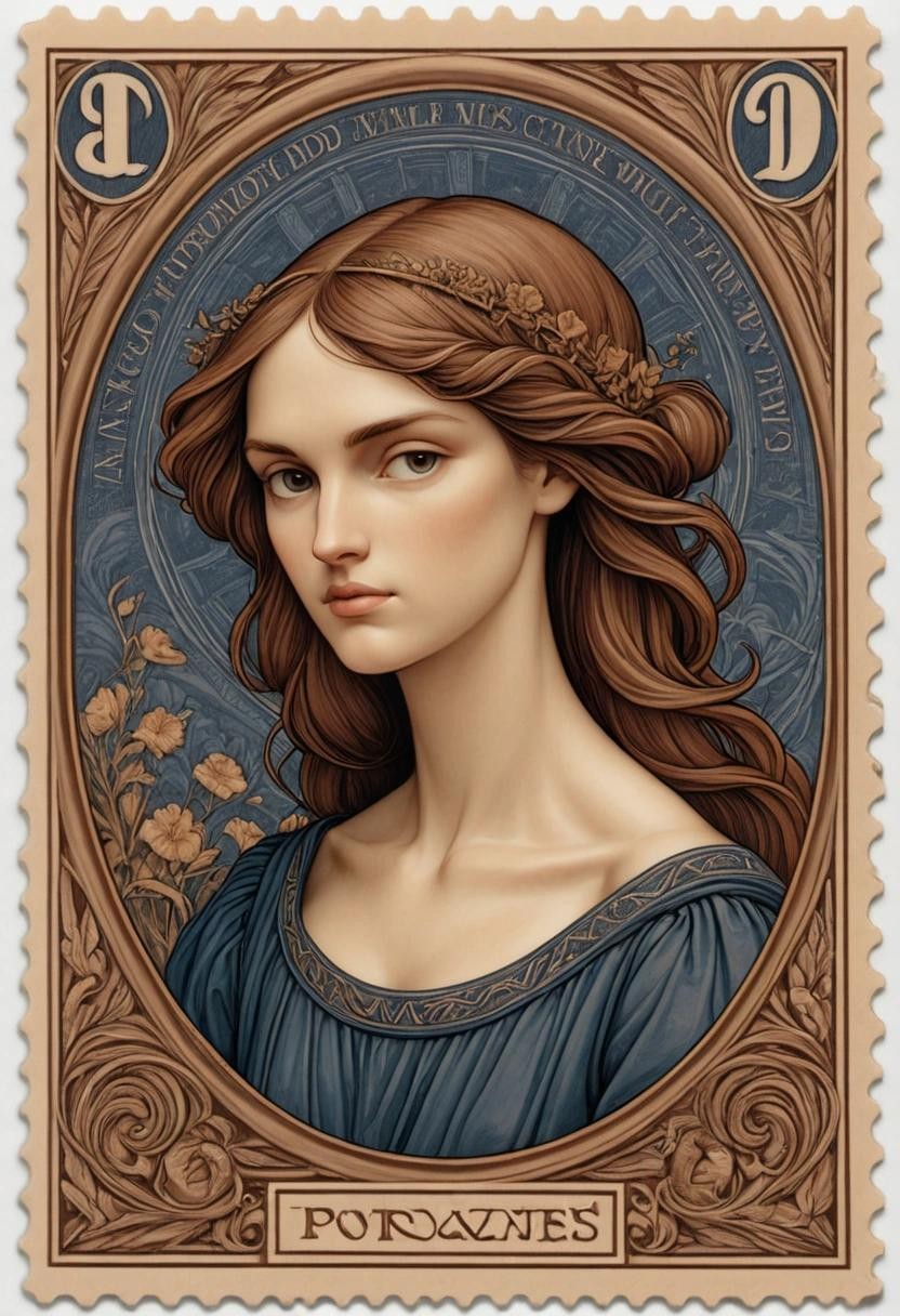 Image with seed 1594730581 generated via Stable Diffusion through @stablehorde@sigmoid.social. Prompt: a U.S. Global Forever stamp in the style of Muchas and Edward Burne-Jones.