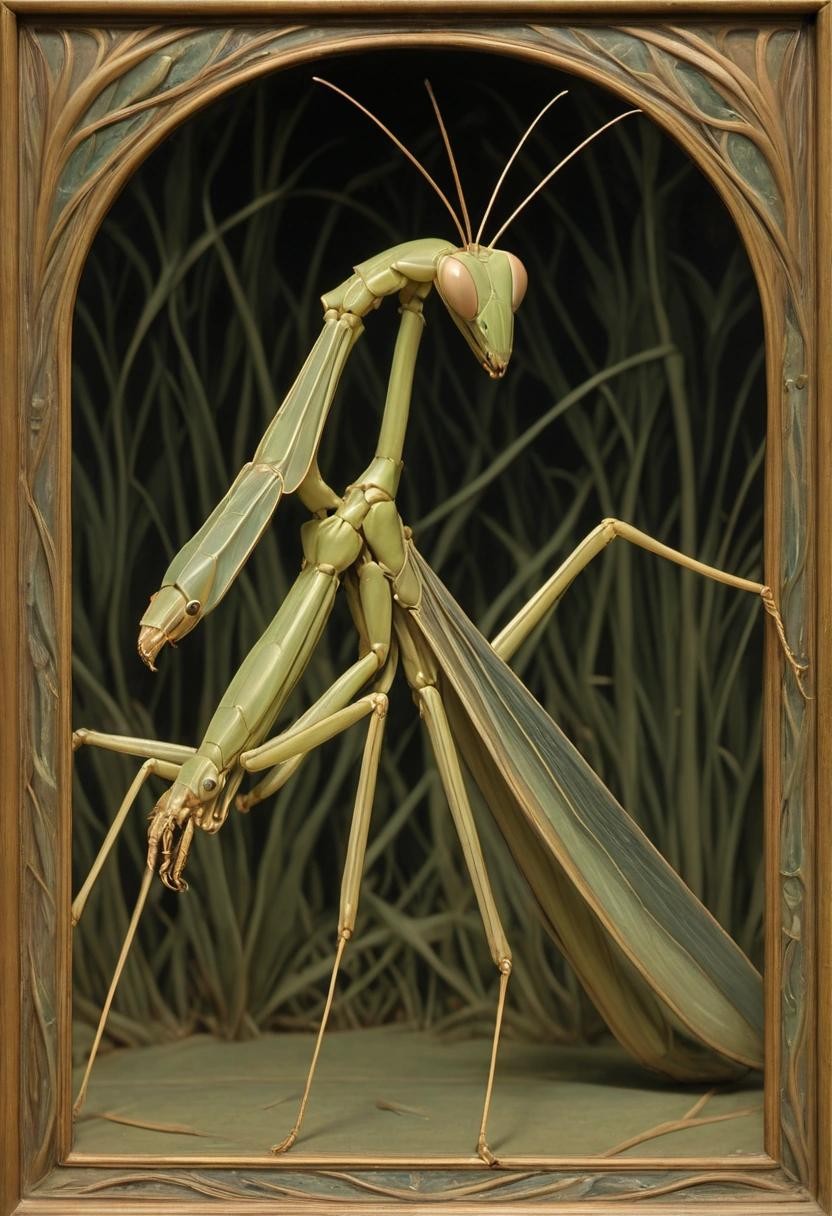 Image with seed 3599063299 generated via Stable Diffusion through @stablehorde@sigmoid.social. Prompt: a praying mantis. Edward Burne-Jones.