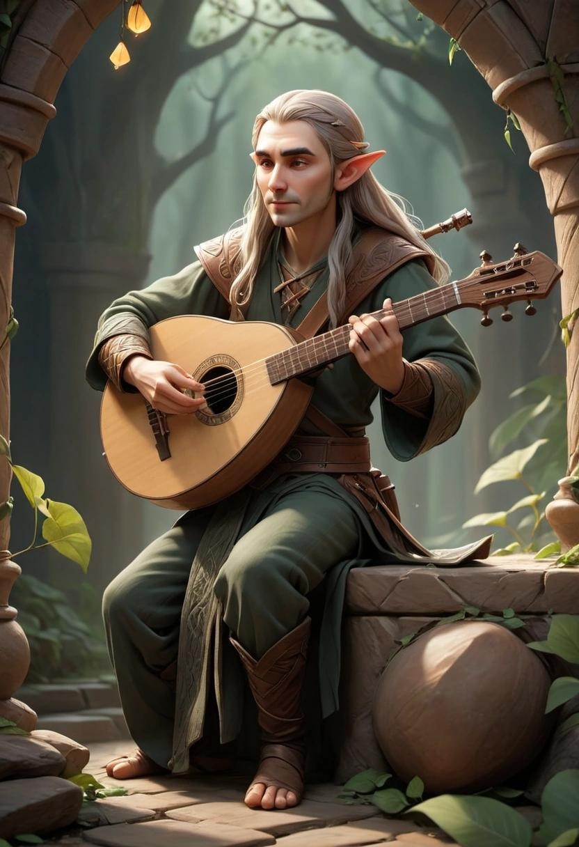 Image with seed 2909869609 generated via Stable Diffusion through @stablehorde@sigmoid.social. Prompt: an Elven bard playing the lute