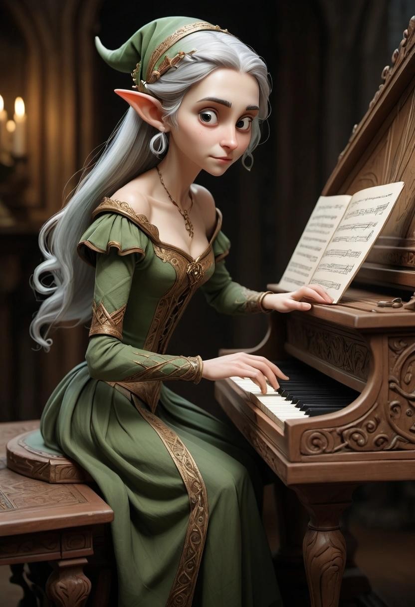Image with seed 1801652293 generated via Stable Diffusion through @stablehorde@sigmoid.social. Prompt: an Elf Lady playing the harpsichord