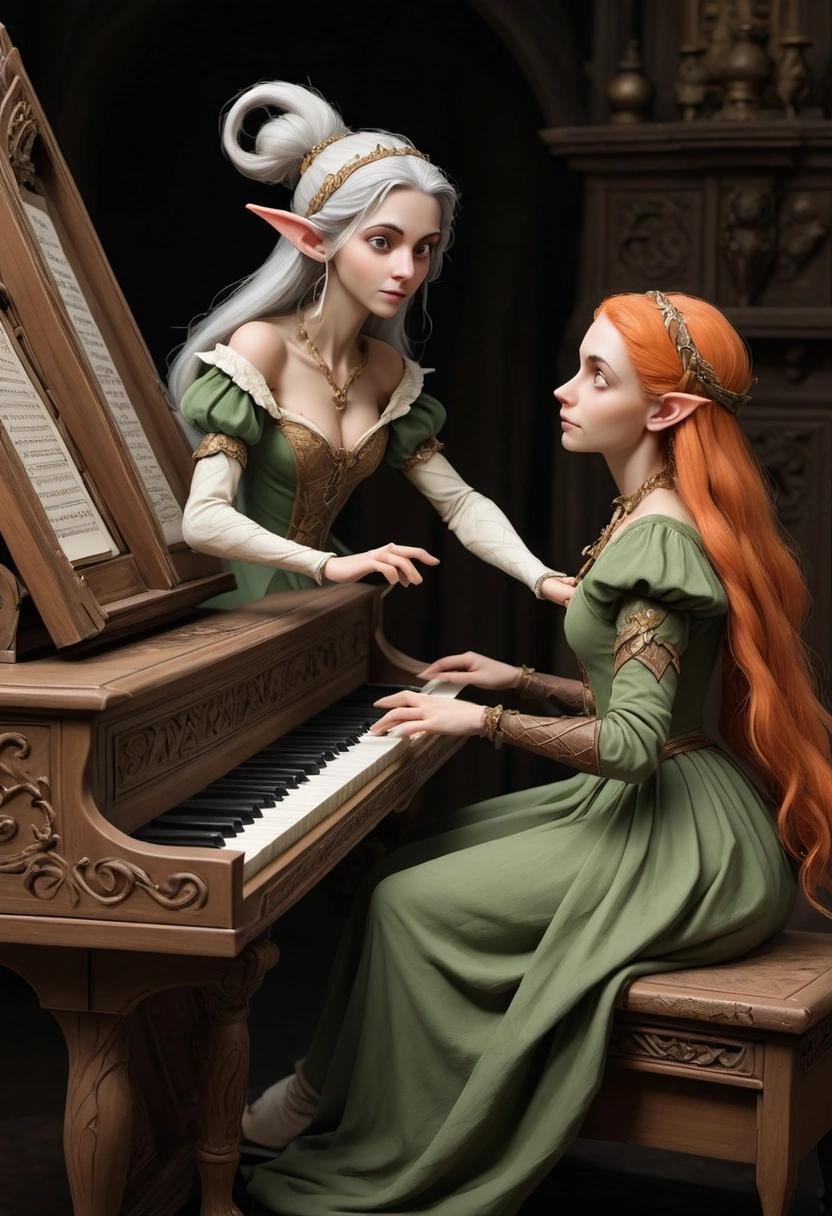 Image with seed 1801652293 generated via Stable Diffusion through @stablehorde@sigmoid.social. Prompt: an Elf Lady playing the harpsichord