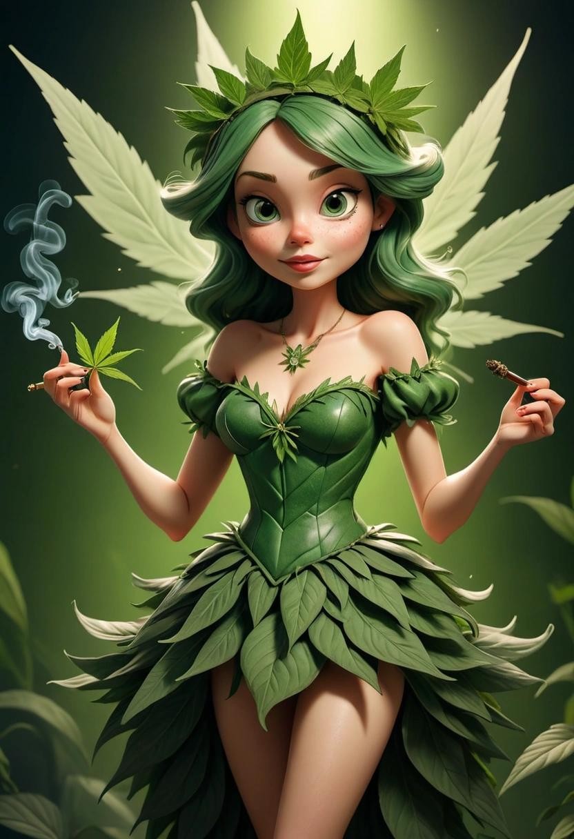 Image with seed 4233292456 generated via Stable Diffusion through @stablehorde@sigmoid.social. Prompt: Mary Jane the Other Green Fairy wearing a dress made out of cannabis leaves, smoking a pipe, beautiful, playful, cute, silly