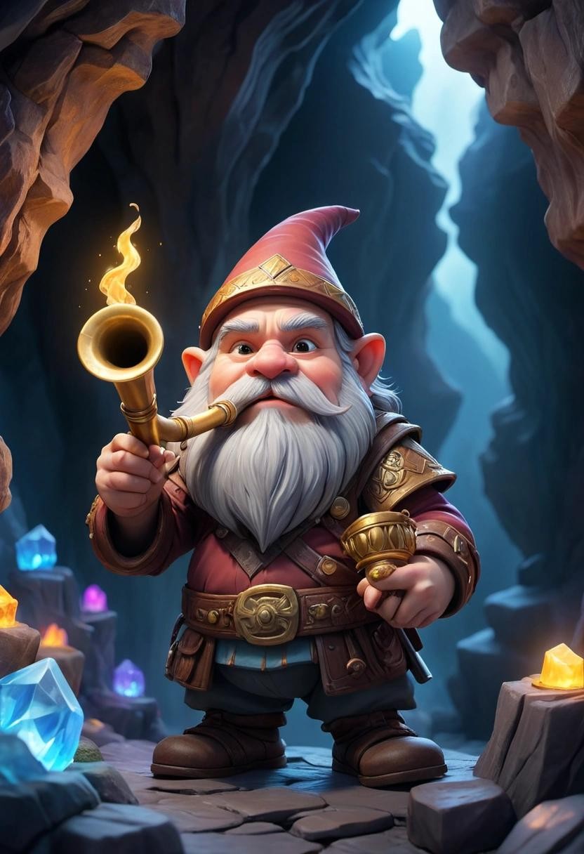 Image with seed 1961136079 generated via Stable Diffusion through @stablehorde@sigmoid.social. Prompt: a dwarf playing the trumpet, glowing crystal cave background
