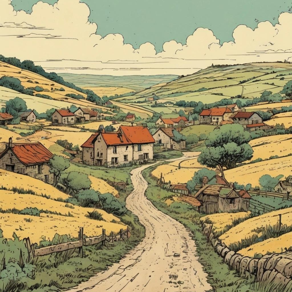 Image with seed 1182365615 generated via Stable Diffusion through @stablehorde@sigmoid.social. Prompt: Vast rural landscape with a vintage feel, using aged colors and textures, illustrated by Hergé, style of tintin comics, pen and ink, colorful, beautiful street 