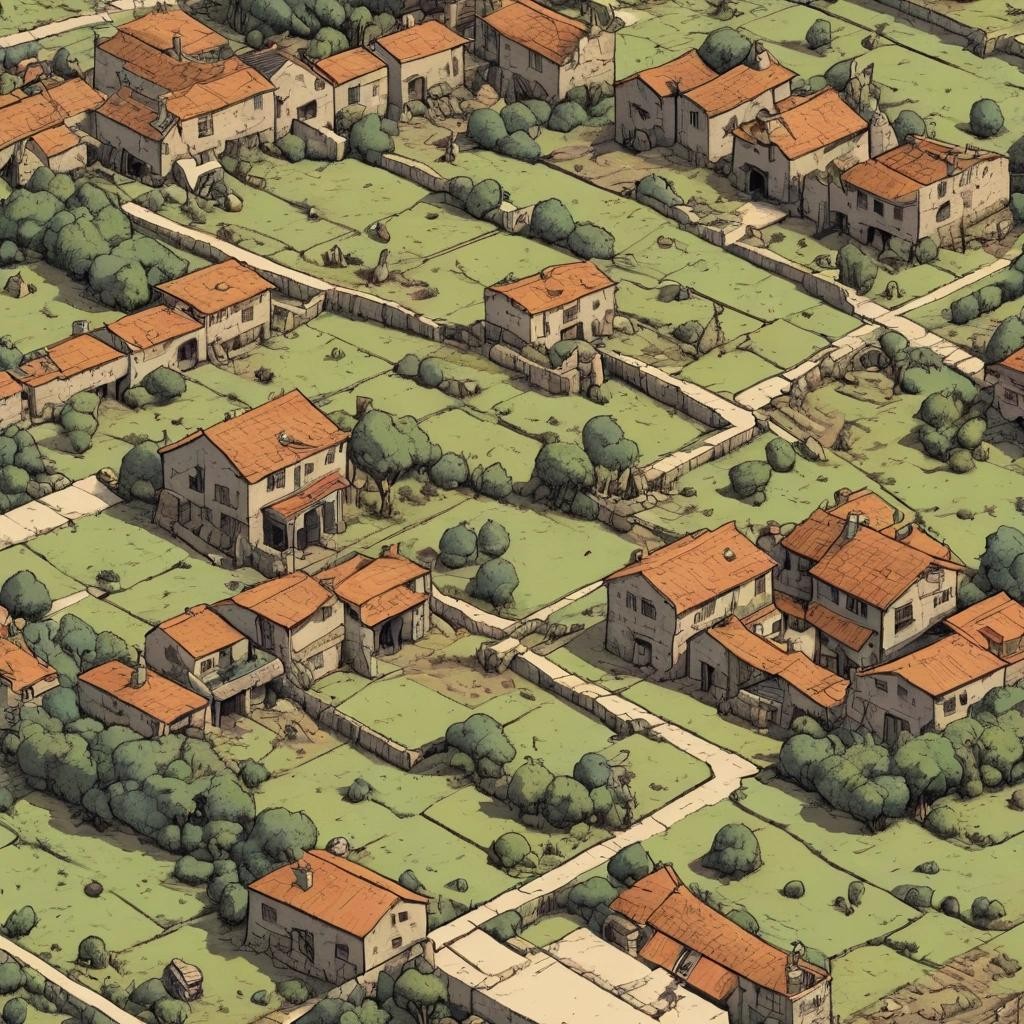 Image with seed 2376946390 generated via Stable Diffusion through @stablehorde@sigmoid.social. Prompt: an isometric tile as in a 2,5D video game containing primeval, Neolithic landscape in a very close up perspective by keeping the content minimal and singular and penetrating the tile border only at the top with a vintage feel, using aged colors and textures, illustrated by Hergé, style of tintin comics, pen and ink, colorful, beautiful street 