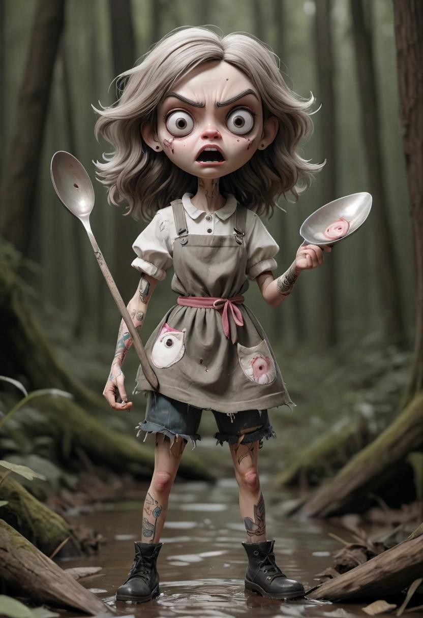 Image with seed 3046065463 generated via Stable Diffusion through @stablehorde@sigmoid.social. Prompt: a handdrawn sketch of a furious female doll in ripped clothes holding a big spoon in her right hand and a fish in the other hand while standing in the woods