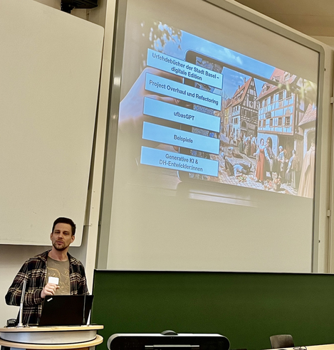 Christopher Pollin presenting "Project Overhaul und Refactoring der digitalen Edition der ‘Urfehdebücher der Stadt Basel’ mithilfe von GPT-4 und LLM" at DHd2024 in Passau.