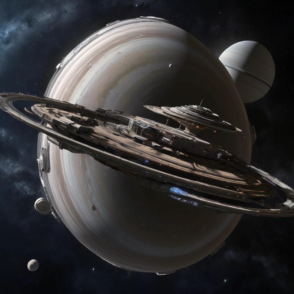 Image with seed 205551868 generated via Stable Diffusion through @stablehorde@sigmoid.social. Prompt: large interstellar freighter, starship, space opera, science fiction, in orbit around a gas giant with Saturn rings, 