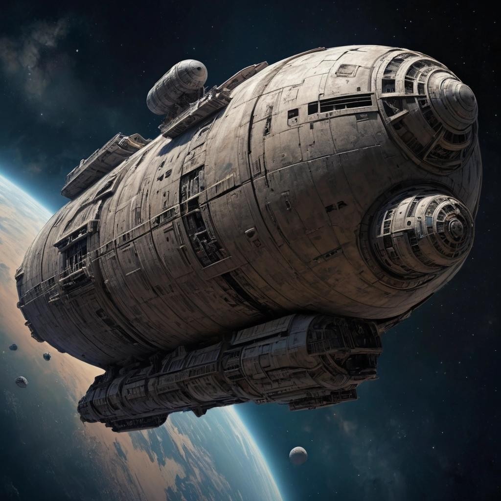 Image with seed 8947426 generated via Stable Diffusion through @stablehorde@sigmoid.social. Prompt: large interstellar freighter, clunky old starship, used future, scratched, dirty, grimy, space opera, science fiction, in orbit around a planet 
