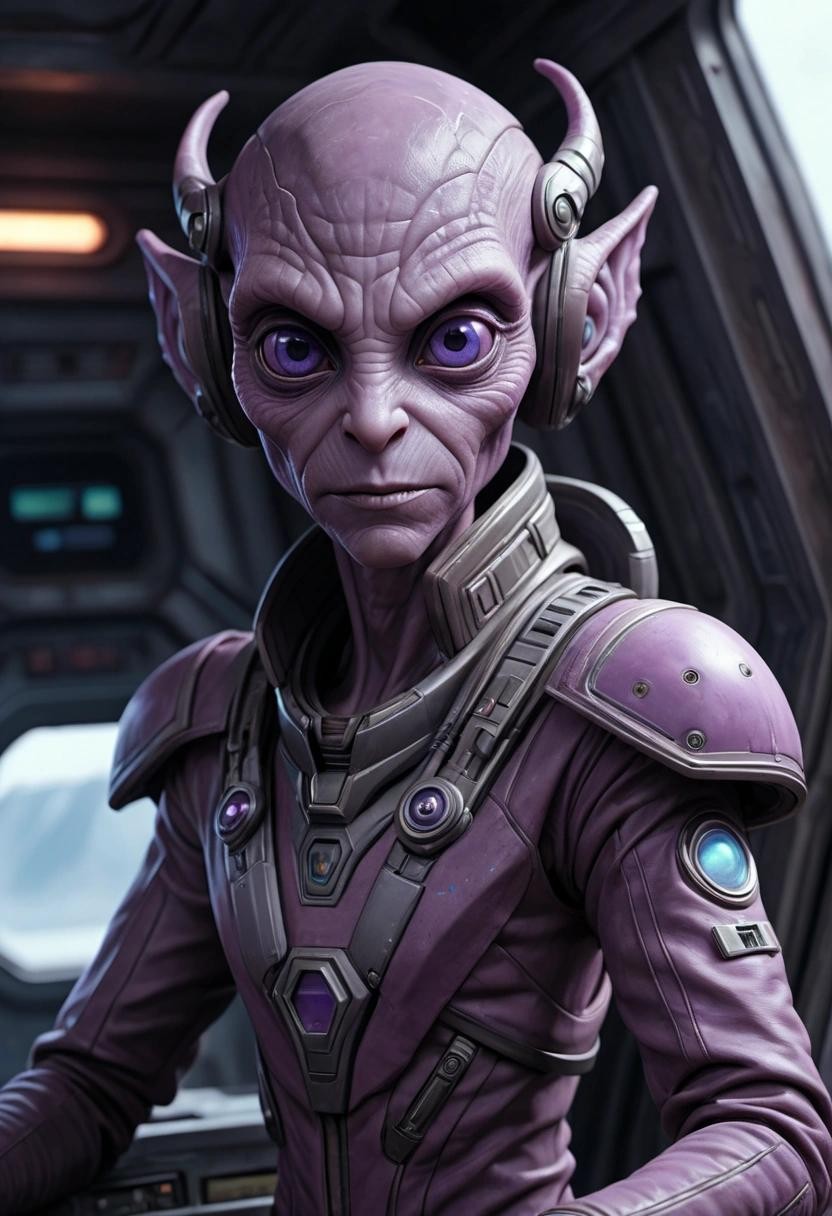 Image with seed 943557053 generated via Stable Diffusion through @stablehorde@sigmoid.social. Prompt: humanoid Alien star pilot on the bridge of a dirty old starship, beautiful face, purple skin, long ears, big expressive eyes
