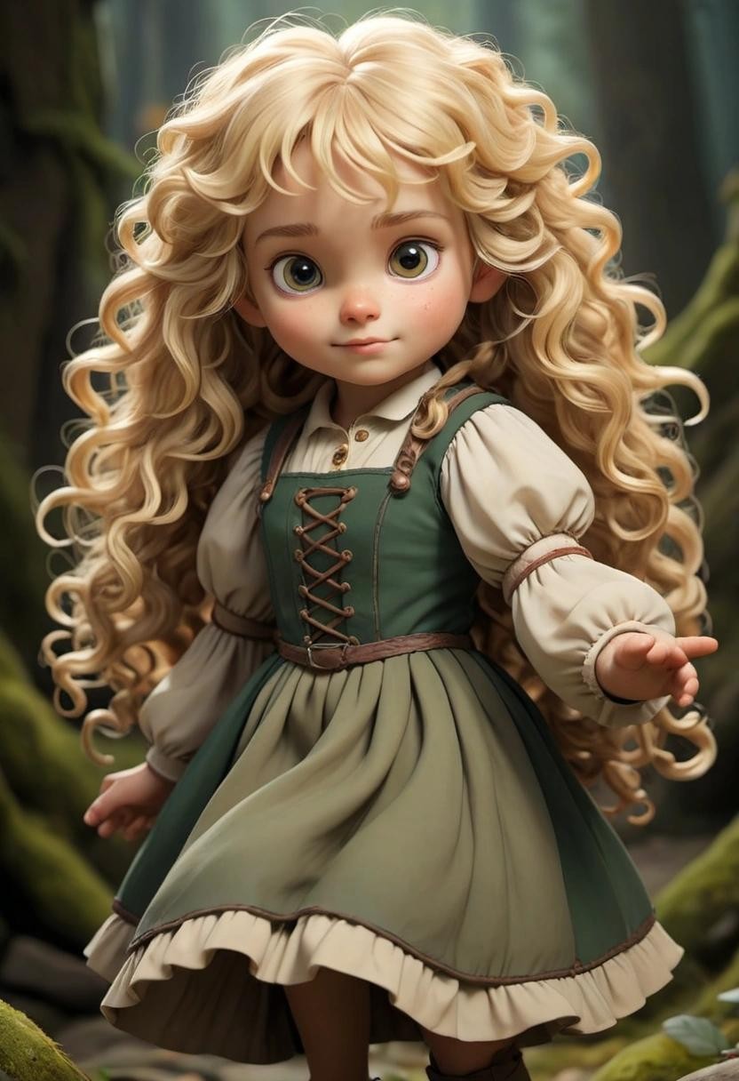 Image with seed 77719338 generated via Stable Diffusion through @stablehorde@sigmoid.social. Prompt: Goldilocks Gamgee, cute Hobbit girl with curly blond hair