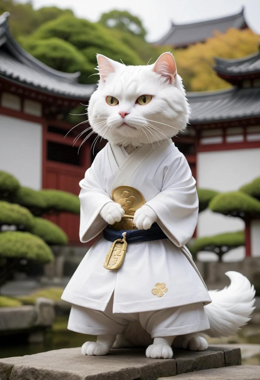 Image with seed 2932328931 generated via Stable Diffusion through @stablehorde@sigmoid.social. Prompt: a white cat dressed like a Japanese feudal lord, Japanese castle garden background