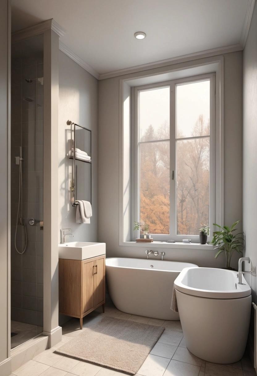 Image with seed 1156508175 generated via Stable Diffusion through @stablehorde@sigmoid.social. Prompt: a realistic render of a small bathroom, with a standing tub under a tall window, a separate shower area, a towel warmer, a smart toilet, and a nook with a sink and mirror in the left wall