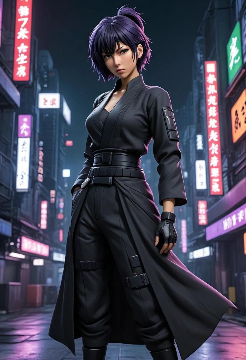 Image with seed 4173147045 generated via Stable Diffusion through @stablehorde@sigmoid.social. Prompt: motoko kusanagi wearing a hakama with a cyberpunk city by night background