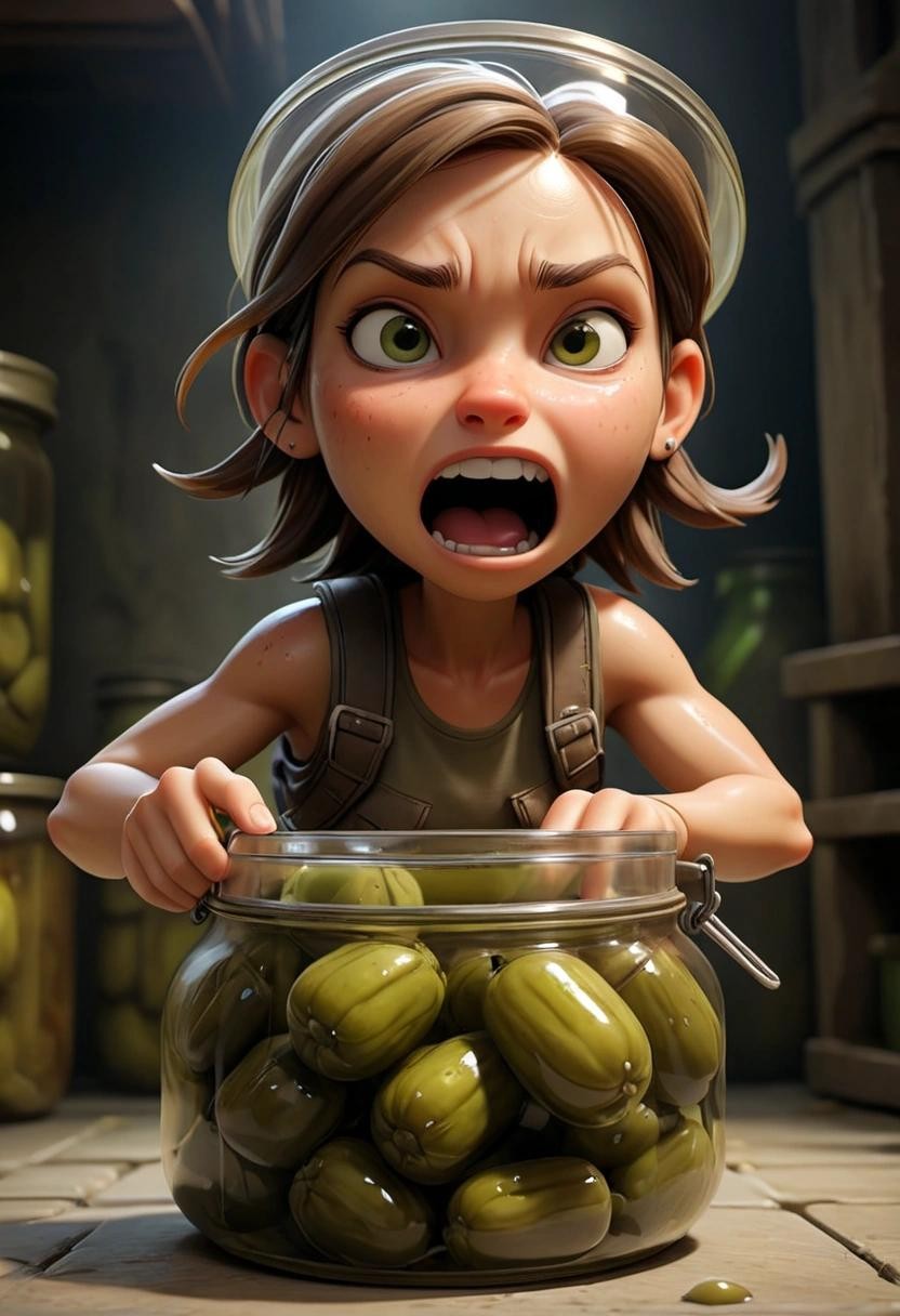 Image with seed 3386829661 generated via Stable Diffusion through @stablehorde@sigmoid.social. Prompt: Lara Croft is locked in a jar of pickles with vinegar, she holds her breath and try to keep her optimism in a difficult situation, but the lid is closed (aaargh!), there rage and despair but also courage and grit, and (yes lots!!!) of delicious little pickles...
