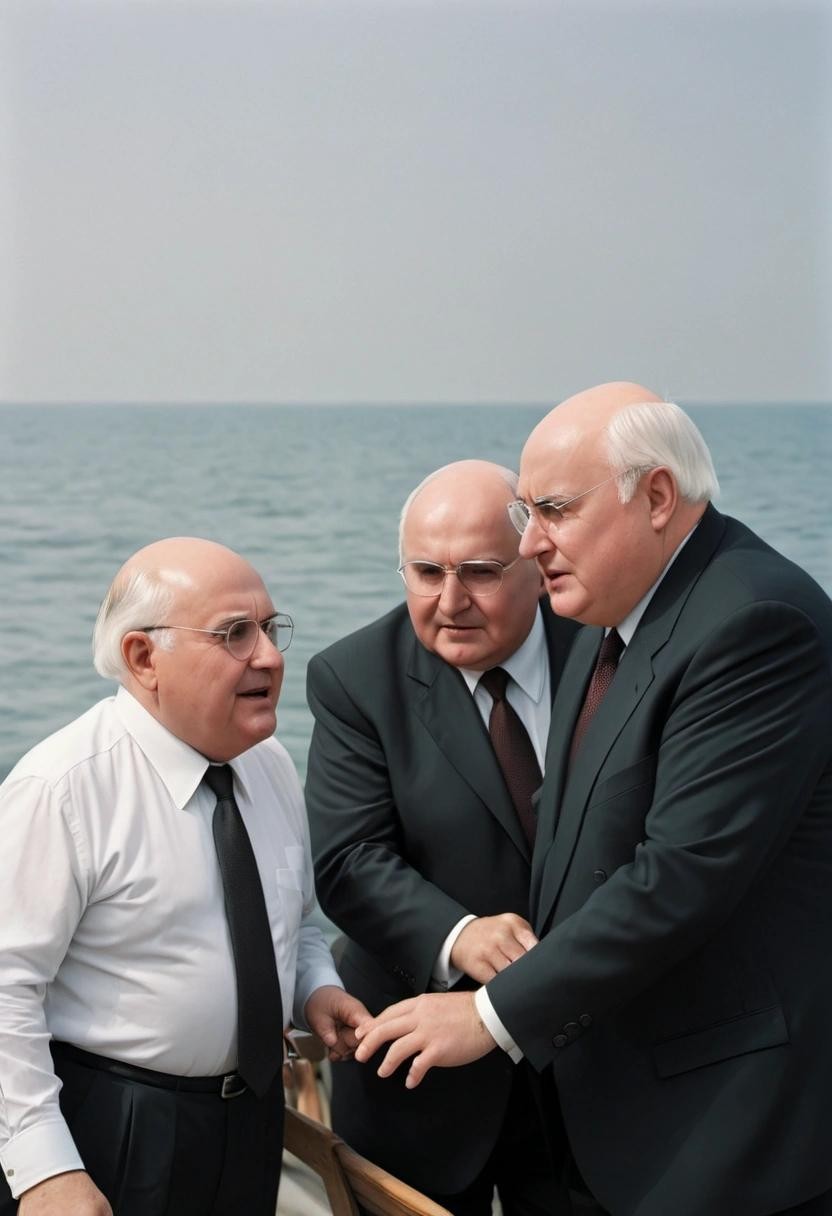 Image with seed 3241400791 generated via Stable Diffusion through @stablehorde@sigmoid.social. Prompt: Helmut Kohl poking Mikhail Gorbachev in the ribs at the black sea