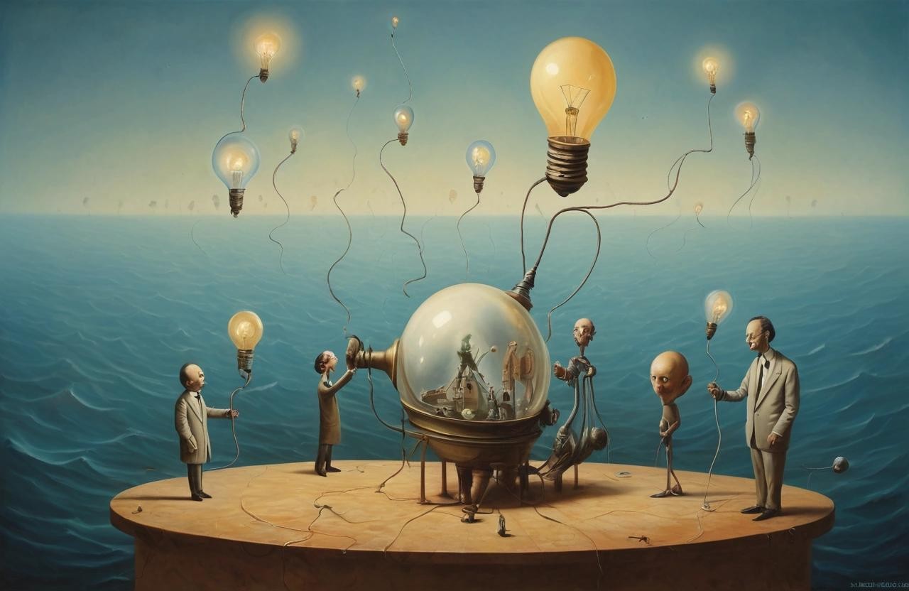 Image with seed 2727993343 generated via Stable Diffusion through @stablehorde@sigmoid.social. Prompt: Q: How many quantum physicists does it take to change a lightbulb ? A: One. Two to do it, and one to renormalise the wave function. Oil painting, poster, surrealism, Salvador Dali, Max Ernst, Yves Tanguy, Shaun Tan 