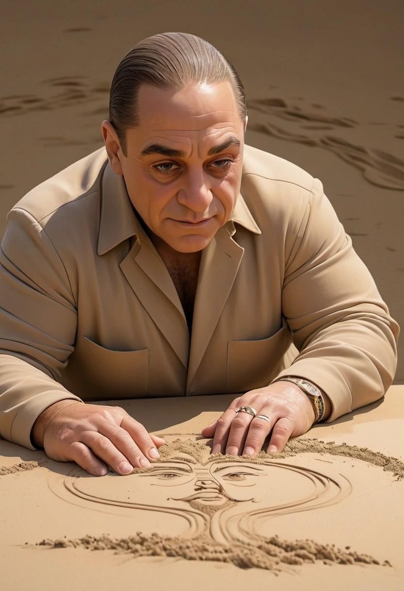 Image with seed 3805635767 generated via Stable Diffusion through @stablehorde@sigmoid.social. Prompt: Tony Danza drawing sand art of Tony Soprano but his hands are made of sand