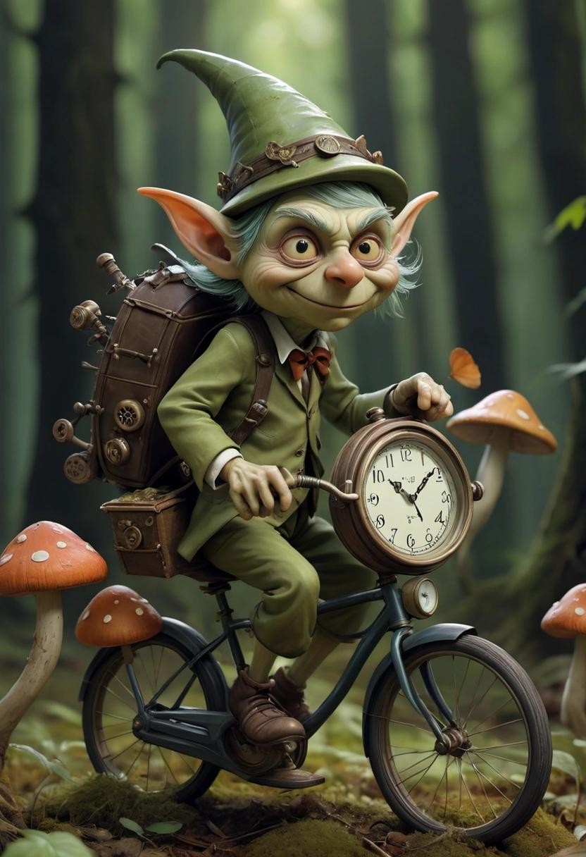 Image with seed 4242219348 generated via Stable Diffusion through @stablehorde@sigmoid.social. Prompt: lost souls in the forest of time, goblin riding a bicycle, fairies, mushrooms, gnomes, weird furry creatures, clocks, pocketwatches, surrealism, dreamlike