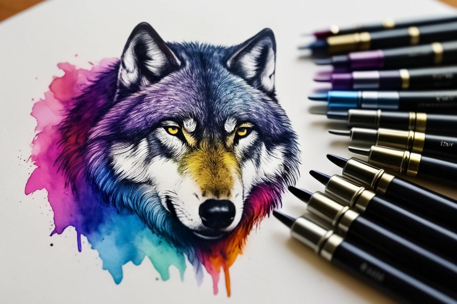 Image with seed 3797438762 generated via Stable Diffusion through @stablehorde@sigmoid.social. Prompt: One of the wolves inside me is saying that I should buy more colors of fountain pen ink.
