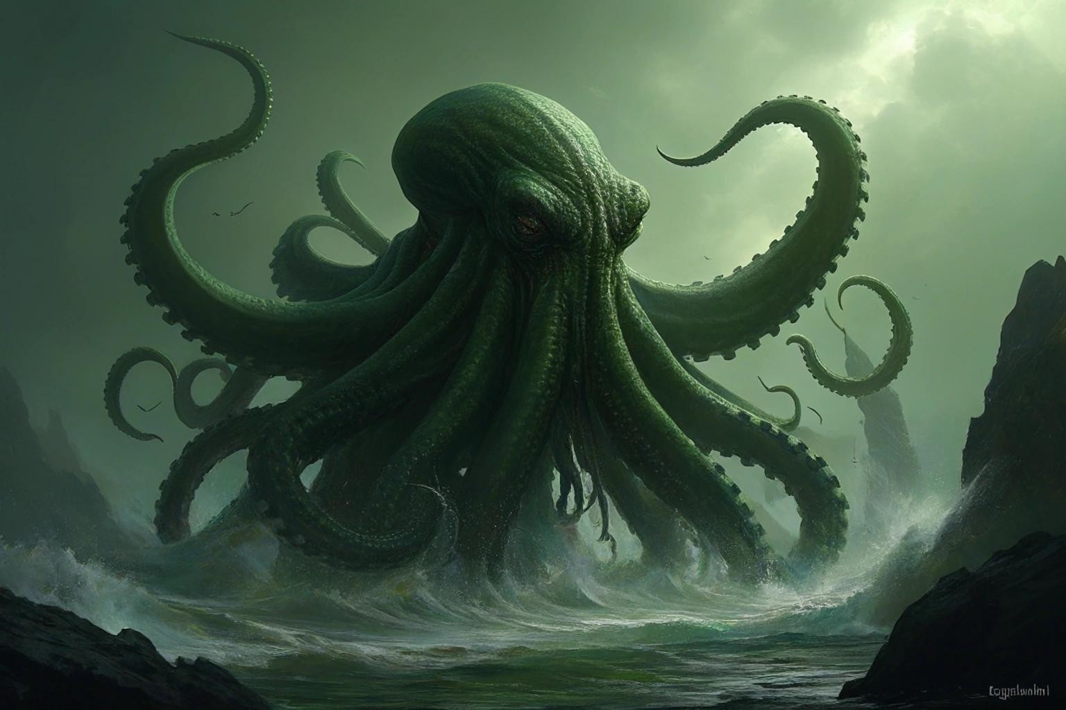 Image with seed 501223148 generated via Stable Diffusion through @stablehorde@sigmoid.social. Prompt: Iä! Iä! Cthulhu fhtagn! Ph'nglui mglw'nfah Cthulhu R'lyeh wgah'nagl fhtagn! 
