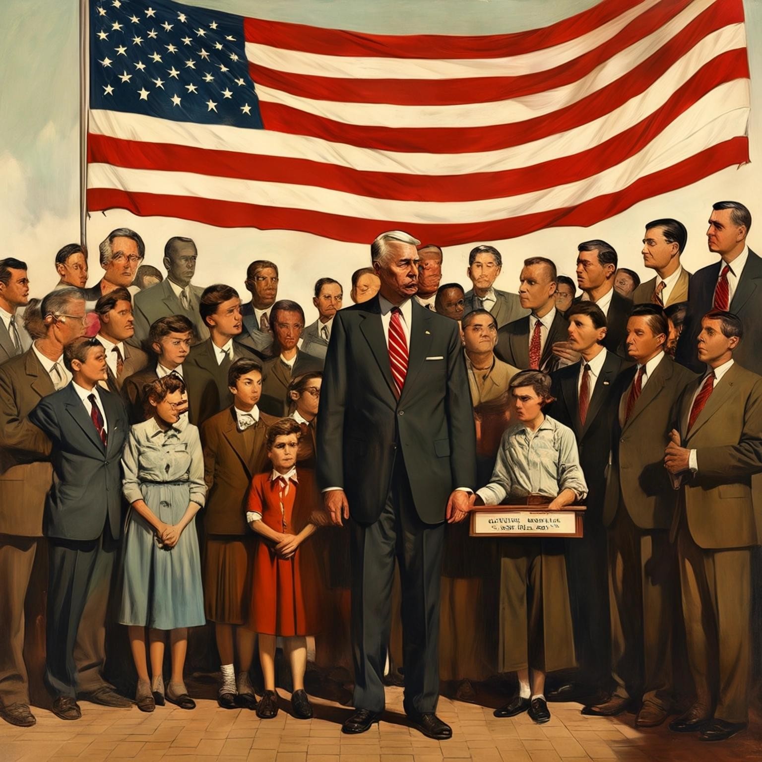 Image with seed 3558137707 generated via Stable Diffusion through @stablehorde@sigmoid.social. Prompt: the future of American politics in the style of Norman Rockwell