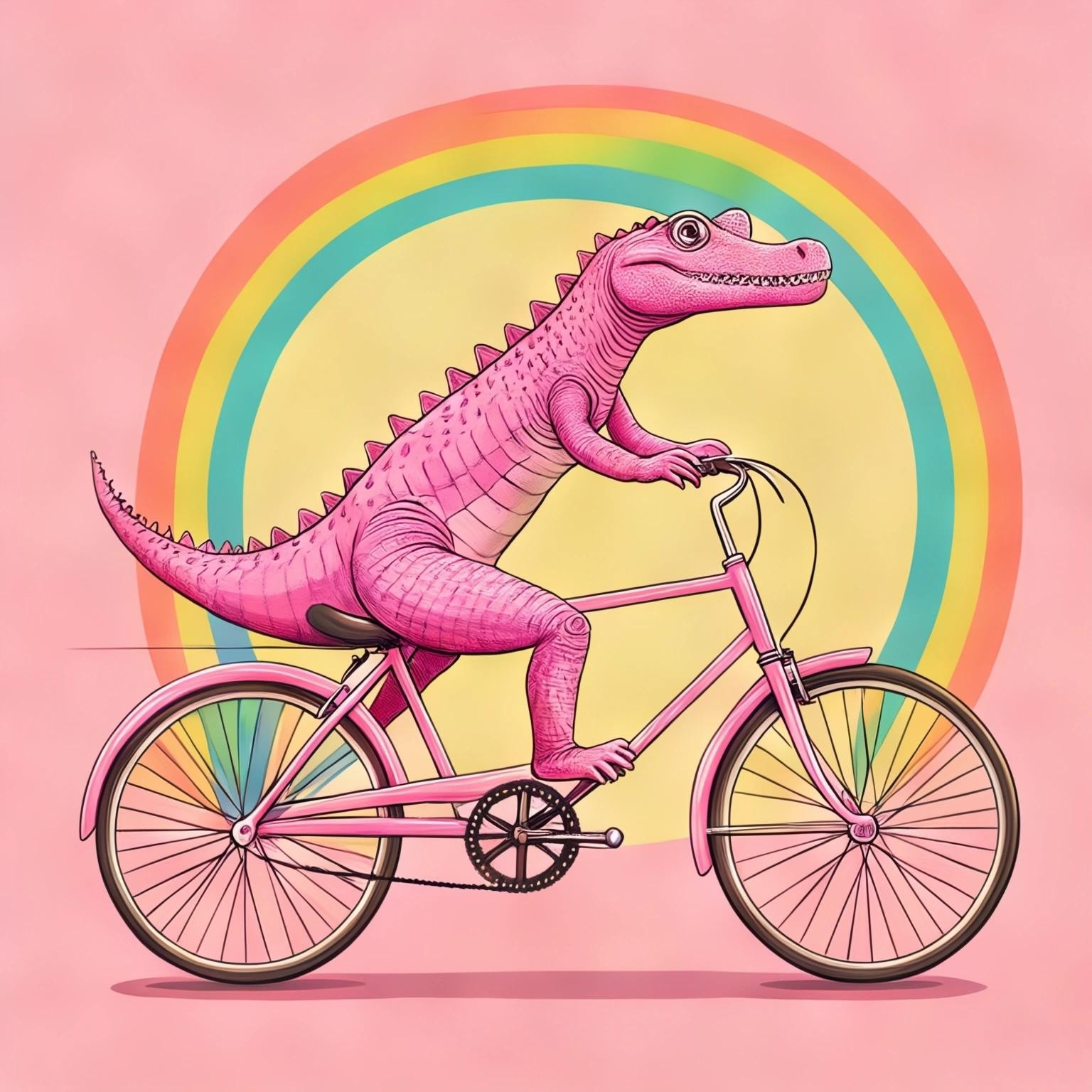 Image with seed 4075360953 generated via Stable Diffusion through @stablehorde@sigmoid.social. Prompt: a  pink crocodile on a bicycle driving on a rainbow