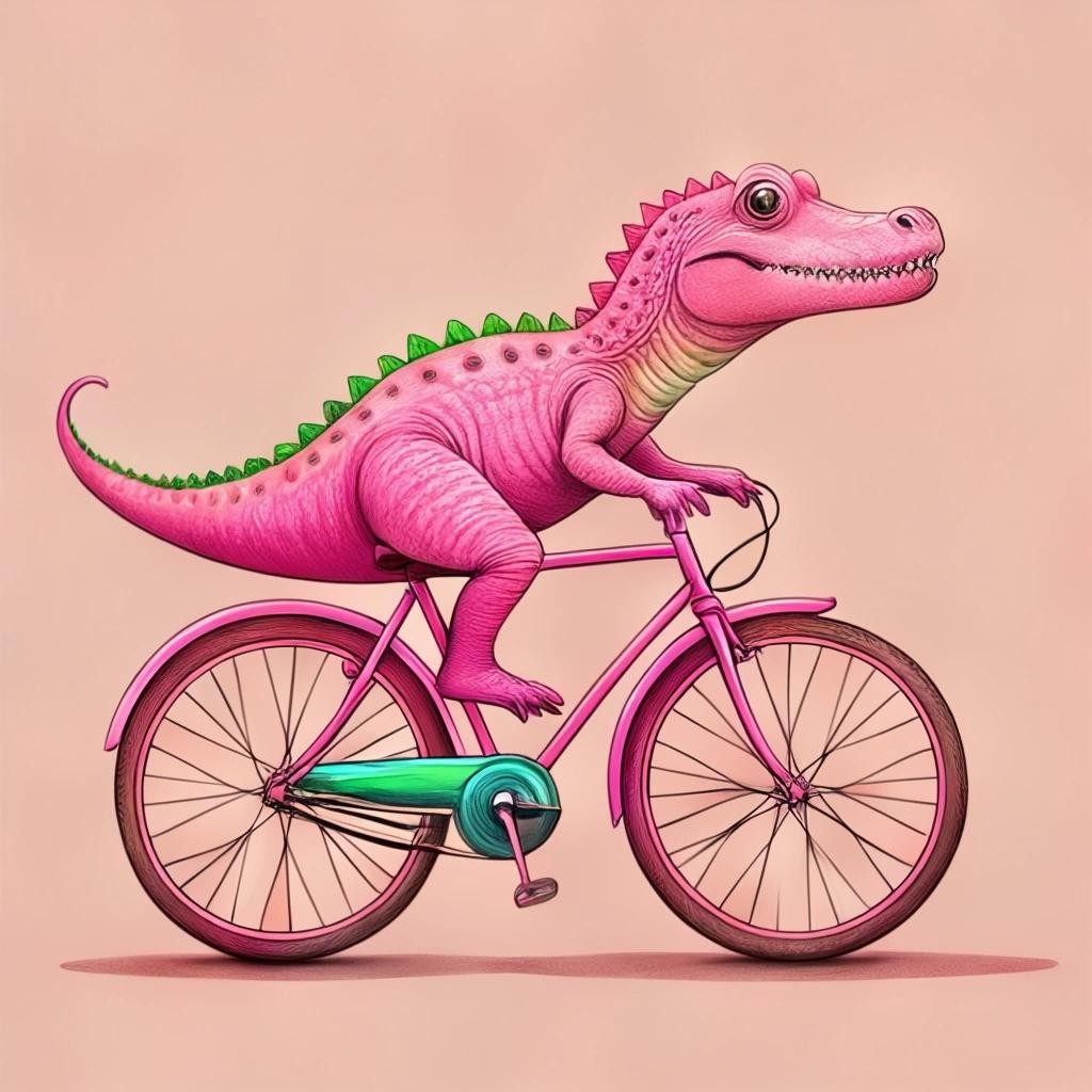 Image with seed 2201809295 generated via Stable Diffusion through @stablehorde@sigmoid.social. Prompt: a  pink crocodile on a bicycle driving on a rainbow