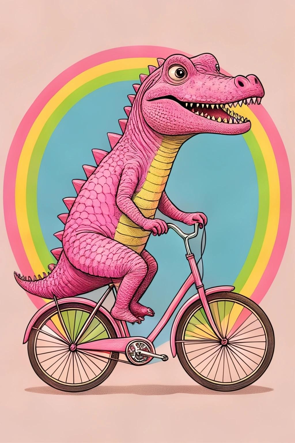 Image with seed 3490345688 generated via Stable Diffusion through @stablehorde@sigmoid.social. Prompt: a  pink crocodile on a bicycle driving on a rainbow