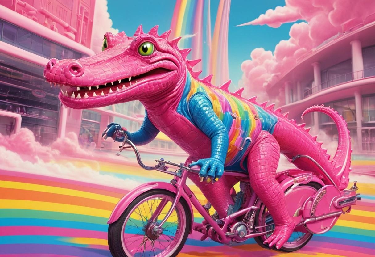 Image with seed 3877291305 generated via Stable Diffusion through @stablehorde@sigmoid.social. Prompt: retro-futuristic a  pink crocodile on a bicycle driving on a rainbow  . vintage sci-fi, 50s and 60s style, atomic age, vibrant, highly detailed###, contemporary, realistic, rustic, primitive